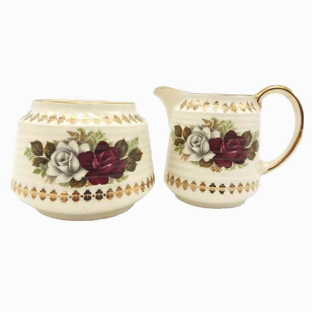 Sadler Creamer and Sugar Bowl Pattern 3470 Red and White Roses Gold Trim Vintage